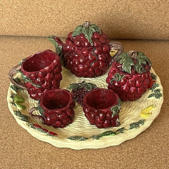 Vtg 90s Miniature Resin Purple Grapes Tea Set w/ Plate Mini Doll House Garden - Picture 1 of 11